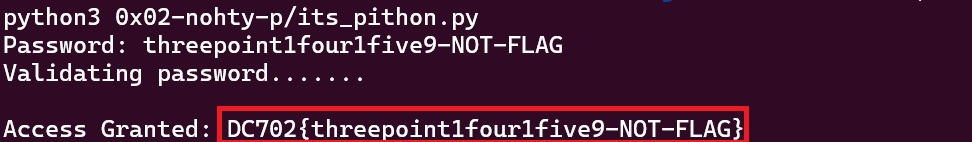 The output of the its pithon script when the user input is correct