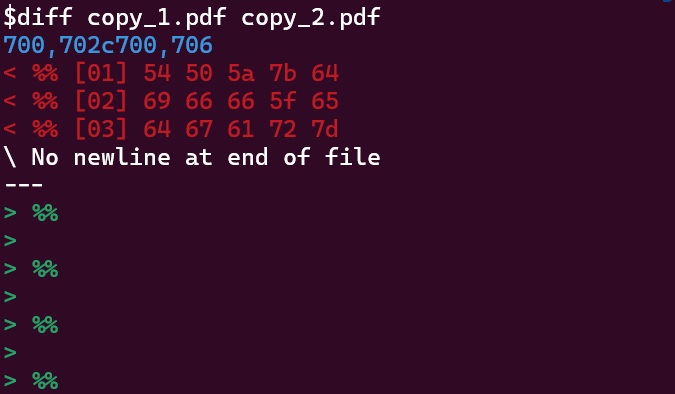 the output of the diff command between copy_1.pdf and copy_2.pdf
