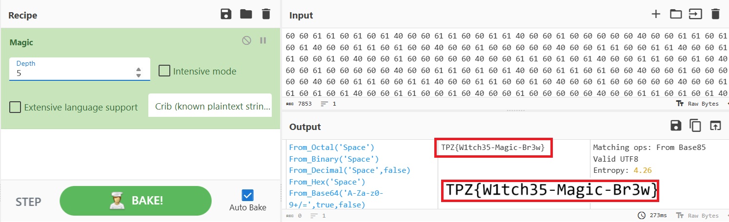 the output of cyber chef with the magic recipe depth 5
