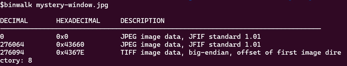the output of the binwalk command shows what the 3 components in the image are